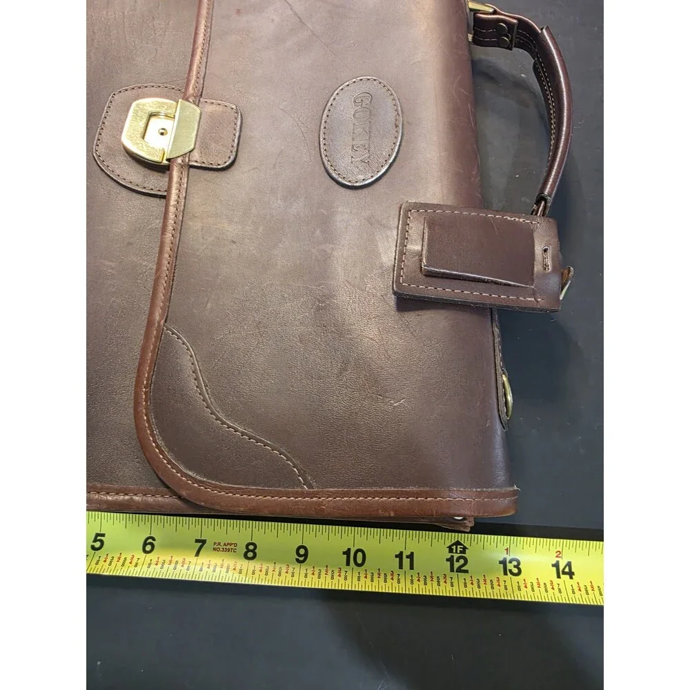 Vintage Gokey USA Brown Leather Flapover Briefcase Messenger Bag Luggage Tag